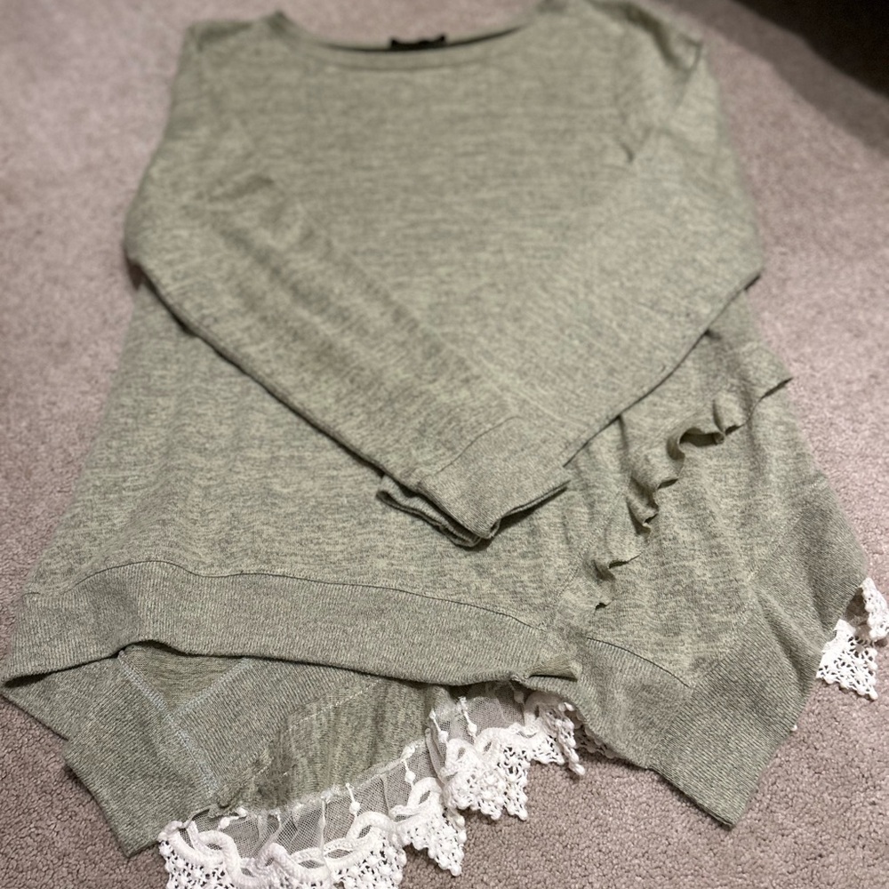DC Sage Green Women's Sweater with Lace Hem